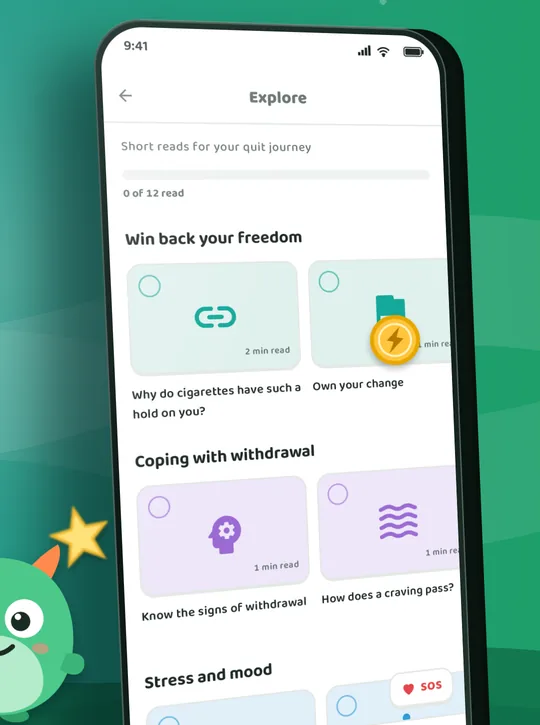 Pantalla de la app Quitmo: Lecturas cortas y fiables