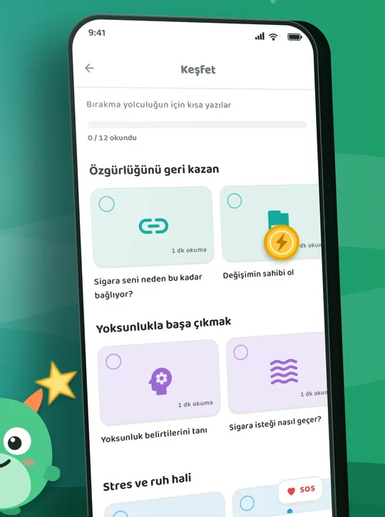 Quitmo uygulama ekranı: Kısa, kaynaklı yazılar